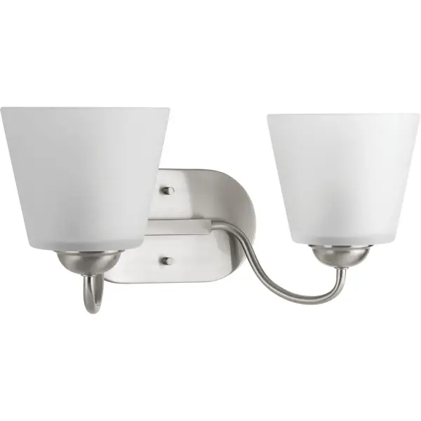 The Arden Collection brings farmhouse charm to bathroom lighting with its two-light design and brushed nickel finish. JA8 compliant for California energy standards, this vanity fixture offers reliable illumination. - alternate view
