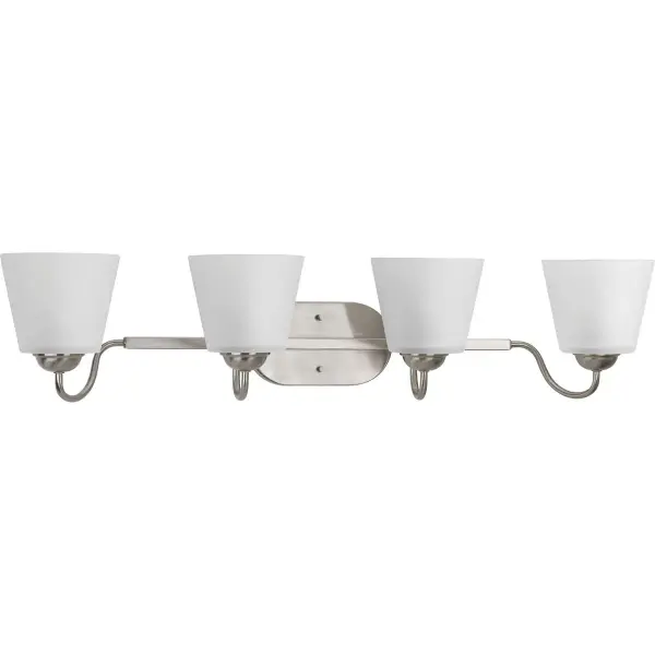 The Arden Collection brings timeless farmhouse charm to bathroom lighting with four lights providing ample illumination. JA8-compliant for California energy standards, this brushed nickel fixture balances rustic appeal with contemporary efficiency.