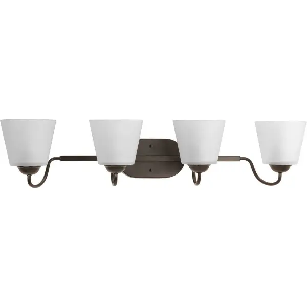 The Arden Collection brings timeless farmhouse charm to bathroom lighting with four lights providing ample illumination. JA8-compliant for California energy standards, this brushed nickel fixture balances rustic appeal with contemporary efficiency. - alternate view
