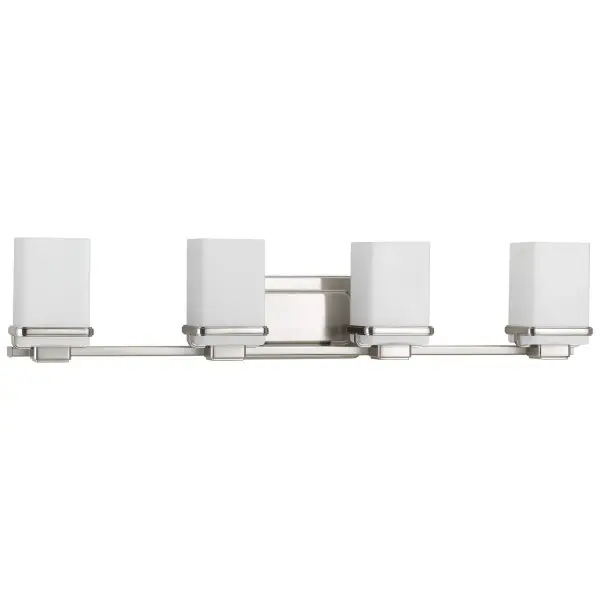 The Metric Collection brings clean, contemporary styling to bathroom lighting with four lights providing excellent illumination. Brushed nickel finish and glass shades create a sophisticated coastal aesthetic perfect for modern bathrooms.