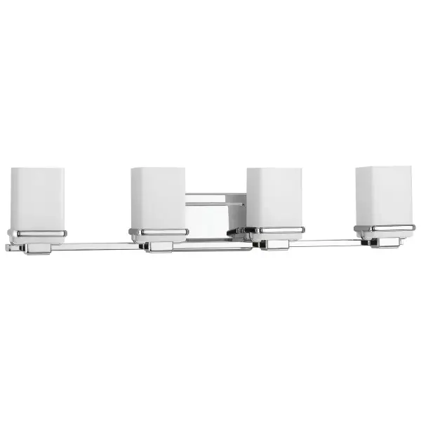 The Metric Collection brings clean, contemporary styling to bathroom lighting with four lights providing excellent illumination. Brushed nickel finish and glass shades create a sophisticated coastal aesthetic perfect for modern bathrooms. - alternate view