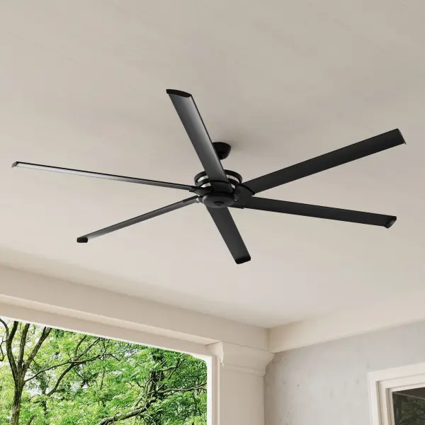 The Huff Collection 96" ceiling fan combines industrial style with impressive airflow capacity. Its six-blade design and oversized diameter make it ideal for great rooms, patios, and commercial spaces requiring powerful air circulation.
