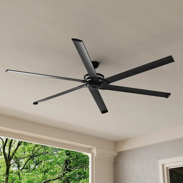 The Huff Collection 96" ceiling fan combines industrial style with impressive airflow capacity. Its six-blade design and oversized diameter make it ideal for great rooms, patios, and commercial spaces requiring powerful air circulation. - alternate view