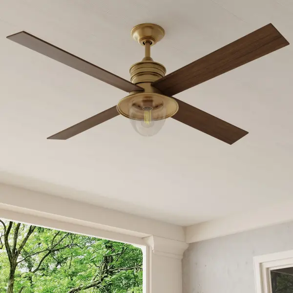 The Gillen combines vintage brass styling with modern LED efficiency in a 56-inch design perfect for large indoor and outdoor spaces. Clear glass shade and 4-blade configuration deliver both style and performance.