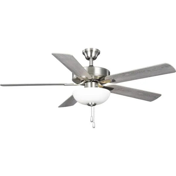 The AirPro combines efficient AC motor performance with integrated lighting in a sleek brushed nickel finish. Its 52-inch blade span makes it ideal for medium to large rooms, while the transitional design complements various décor styles.