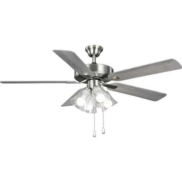 The AirPro combines efficient AC motor performance with integrated lighting in a sleek brushed nickel finish. Its 52-inch blade span makes it ideal for medium-sized rooms, while the transitional design complements both traditional and contemporary interiors.