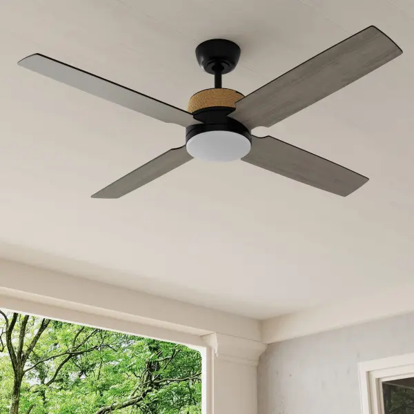 The Shaffer II combines coastal charm with modern functionality, featuring natural jute accents and integrated LED lighting. Its 56-inch span makes it ideal for larger spaces while maintaining energy efficiency with Title 24 and JA8 compliance.