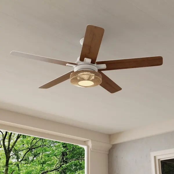 The Schaal Collection combines coastal aesthetics with modern functionality in a 52-inch five-blade design. Features integrated LED lighting and matte black finish, suitable for both indoor and outdoor spaces. - alternate view