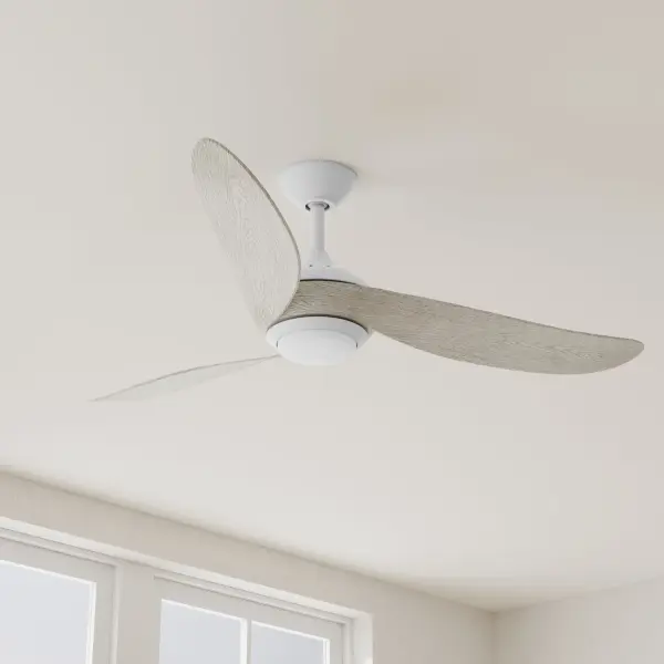 The Conte 52-inch ceiling fan combines clean mid-century design with practical functionality. Its three-blade configuration and brushed nickel finish deliver efficient airflow while maintaining a minimalist aesthetic suitable for both indoor and covered outdoor spaces.