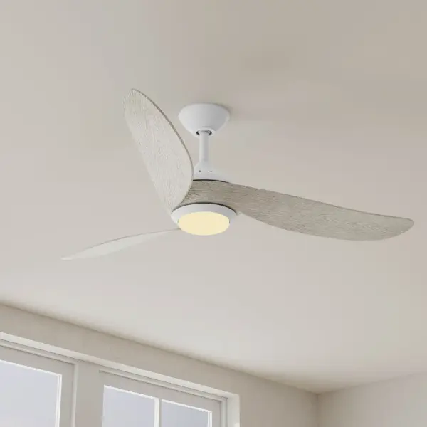 The Conte 52-inch ceiling fan combines clean mid-century design with practical functionality. Its three-blade configuration and brushed nickel finish deliver efficient airflow while maintaining a minimalist aesthetic suitable for both indoor and covered outdoor spaces. - alternate view