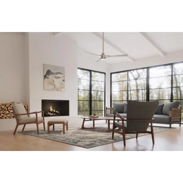 The Belen 60-inch ceiling fan combines modern farmhouse aesthetics with practical functionality for large spaces. Its brushed nickel finish and three-blade design deliver efficient airflow while maintaining a clean, contemporary look suitable for both indoor and covered outdoor areas. - alternate view