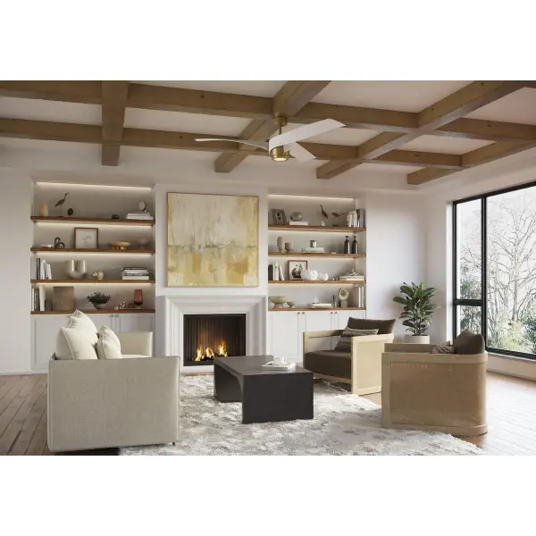 The Insigna ceiling fan combines contemporary design with practical functionality. Its 60-inch blade span and vintage brass finish create a striking focal point while delivering efficient air circulation for large spaces. - alternate view