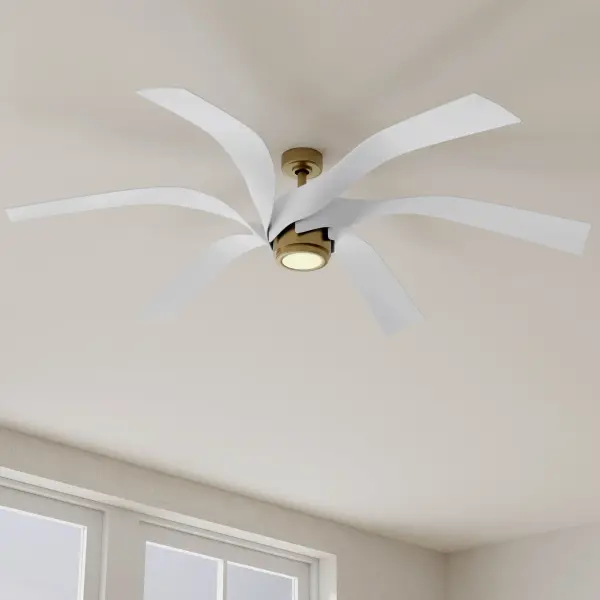 The Insigna 72-inch ceiling fan combines modern design with vintage brass finish, perfect for large spaces requiring both style and powerful air circulation. Six blades provide optimal airflow for spacious rooms. - alternate view