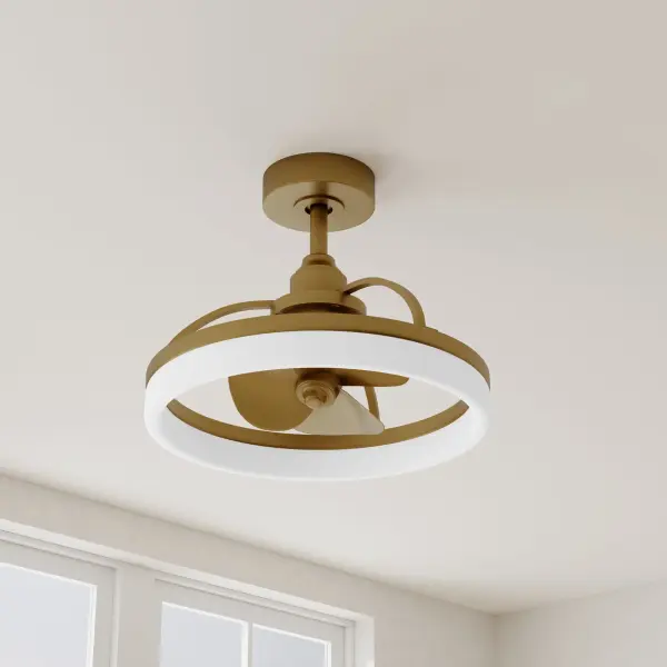 The Shear Collection combines industrial aesthetics with innovative oscillating technology. Its three-blade design and brushed bronze finish deliver both style and function for indoor and outdoor spaces.