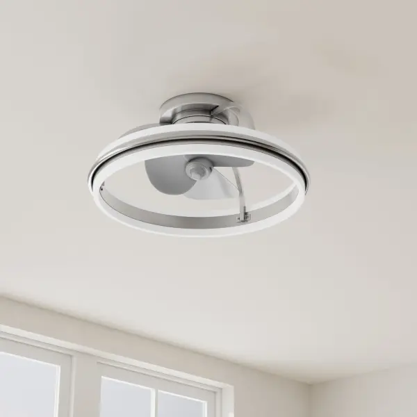 The Burnett ceiling fan brings unique oscillating functionality to modern spaces with its three-blade design and brushed nickel finish. JA8-compliant and suitable for both indoor and outdoor use, it combines industrial style with practical airflow.