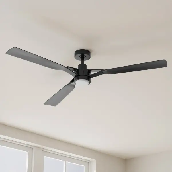 The Belen 60-inch ceiling fan combines contemporary design with farmhouse charm, featuring three sleek blades and a brushed nickel finish. JA8-compliant for energy efficiency, it's ideal for large indoor and outdoor spaces.