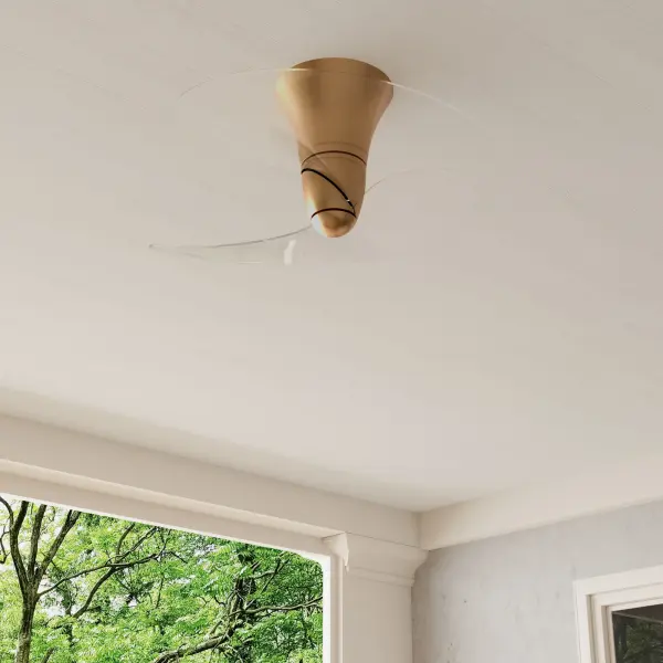 The Beal Collection ceiling fan combines contemporary design with functional elegance. Its unique two-blade configuration with clear acrylic blades creates a sculptural statement while the vintage brass finish adds warmth.