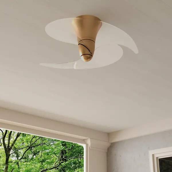 The Beal Collection ceiling fan combines contemporary design with functional elegance. Its unique two-blade configuration with clear acrylic blades creates a sculptural statement while the vintage brass finish adds warmth. - alternate view