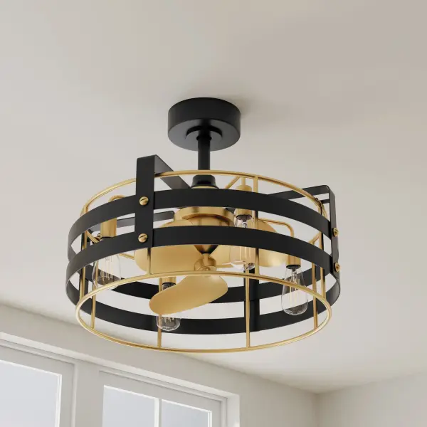 The Sewell 24-inch ceiling fan combines modern design with farmhouse charm in a compact size ideal for bedrooms, small living areas, and covered patios. Its matte black finish and three-blade design deliver style and function.