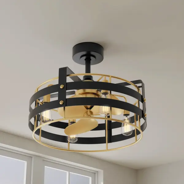 The Sewell 24-inch ceiling fan combines modern design with farmhouse charm in a compact size ideal for bedrooms, small living areas, and covered patios. Its matte black finish and three-blade design deliver style and function. - alternate view