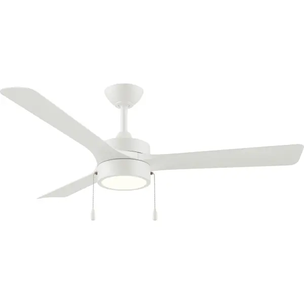 The Axion I combines contemporary 3-blade design with integrated LED lighting in a versatile brushed nickel finish. Title 20 compliant for California energy standards, this 52-inch fan delivers efficient airflow for medium to large rooms.