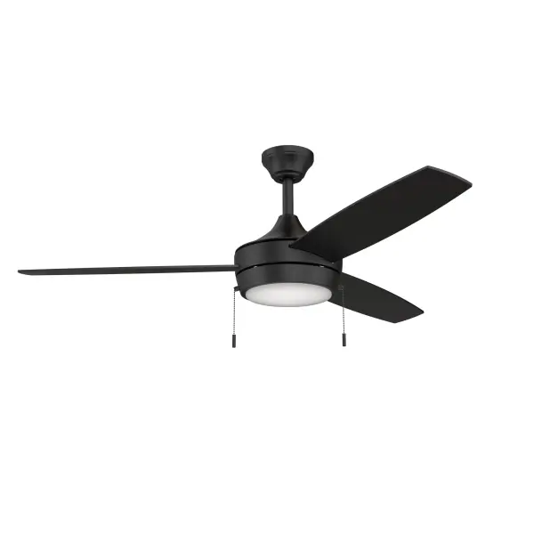 The Nolyn combines contemporary 3-blade design with integrated LED lighting in a versatile brushed nickel finish. Title 20 compliant for California energy standards, this 52-inch fan delivers efficient airflow for medium to large rooms.