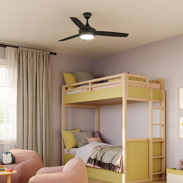 The Nolyn combines contemporary 3-blade design with integrated LED lighting in a versatile brushed nickel finish. Title 20 compliant for California energy standards, this 52-inch fan delivers efficient airflow for medium to large rooms. - alternate view