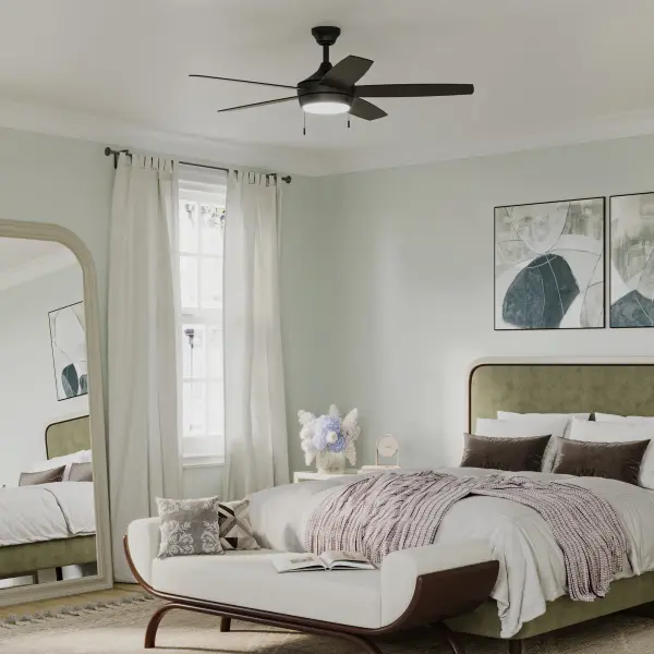 The Nolyn V combines sleek modern design with integrated LED lighting and Title 20 compliance. Its 52-inch blade span and brushed nickel finish make it ideal for medium to large bedrooms and living spaces. - alternate view