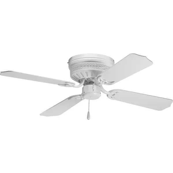 The AirPro 42" hugger ceiling fan delivers efficient air circulation in a compact, flush-mount design ideal for rooms with limited ceiling height. Its brushed nickel finish and four-blade configuration blend seamlessly with transitional decor.