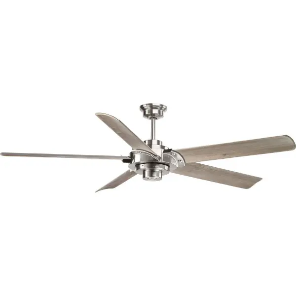 The Ellwood 68" ceiling fan brings sophisticated coastal style to large spaces with hand-carved wood blades and brushed nickel finish. JA8-compliant for energy efficiency, perfect for modern homes seeking natural texture.