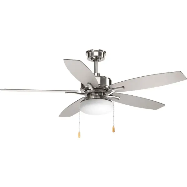 The Billows Collection ceiling fan combines transitional styling with modern efficiency. Its 52-inch blade span and brushed nickel finish make it ideal for medium-sized rooms, offering reliable performance with JA8 compliance.