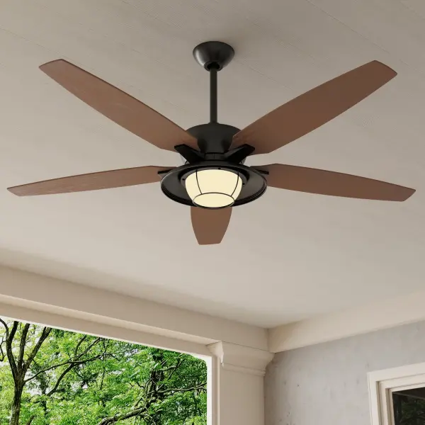 The Montague ceiling fan combines transitional styling with practical performance in a generous 60-inch span. Its Antique Bronze finish and five-blade design suit both indoor and outdoor applications, making it ideal for large rooms. - alternate view