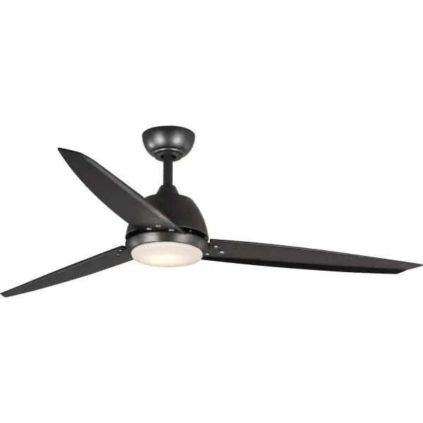 The Oriole 60-inch ceiling fan combines contemporary design with practical functionality. Its brushed nickel finish and three-blade configuration deliver efficient air circulation for large spaces while the integrated LED light provides energy-efficient illumination. Title 24 and JA8 compliant for California installations. - alternate view