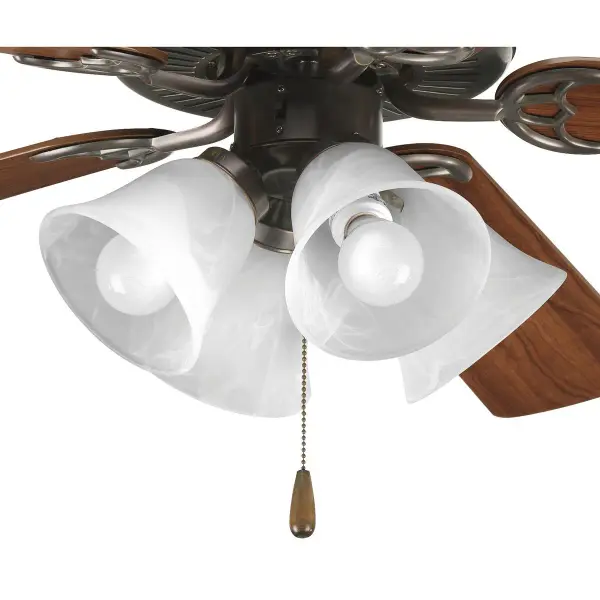 The AirPro four-light fan kit combines transitional styling with practical illumination. Its brushed nickel finish and etched glass shades complement various décor styles while providing ample light for medium-sized rooms.