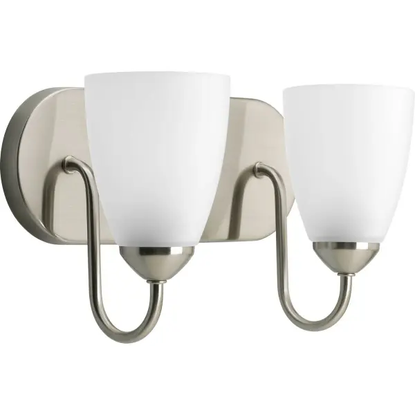 The Gather Collection vanity light combines traditional styling with practical two-light illumination. Brushed nickel finish and etched glass shades create soft, flattering light perfect for bathroom tasks.