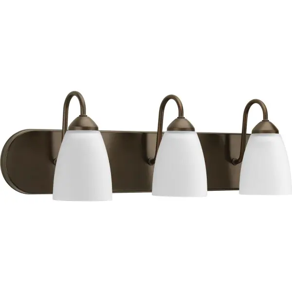 The Gather Collection vanity light combines traditional styling with modern functionality. Three etched glass shades provide even, flattering illumination while the brushed nickel finish adds refined elegance to any bathroom.