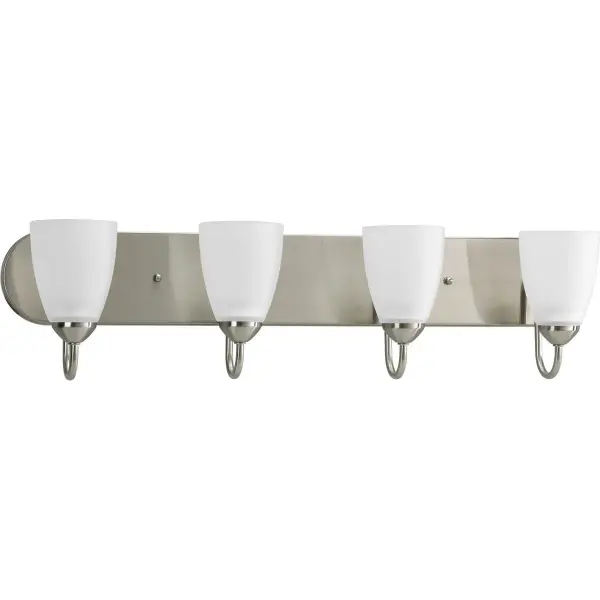 The Gather Collection brings traditional elegance to bathroom lighting with four etched glass shades and brushed nickel finish. JA8 compliant for California energy standards, this versatile fixture provides ample illumination.