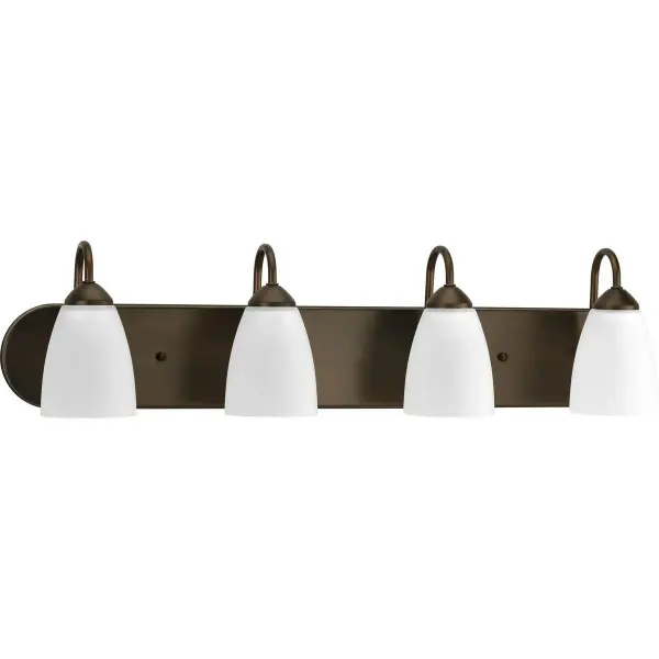 The Gather Collection brings traditional elegance to bathroom lighting with four etched glass shades and brushed nickel finish. JA8 compliant for California energy standards, this versatile fixture provides ample illumination. - alternate view