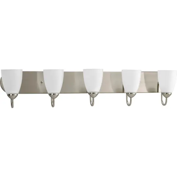 The Gather Collection brings timeless elegance to bathroom lighting with five etched glass shades and brushed nickel finish. Perfect for master baths needing ample, even illumination across wide vanity mirrors. - alternate view