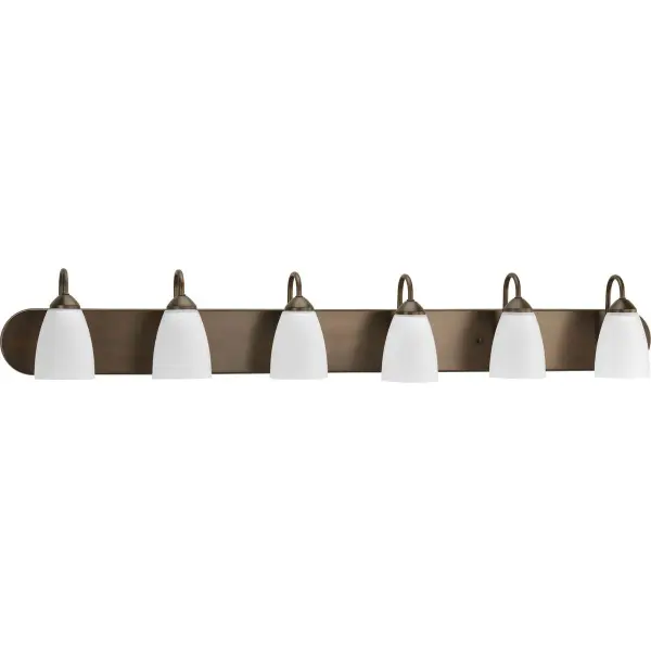 The Gather Collection vanity light combines traditional styling with modern functionality. Six etched glass shades provide even, flattering illumination perfect for bathroom tasks while the brushed nickel finish adds timeless elegance.