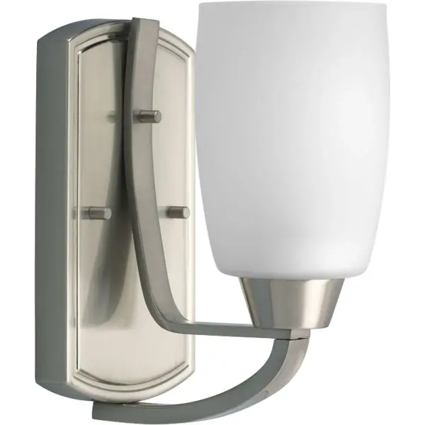 The Wisten vanity light combines brushed nickel hardware with etched glass for a refined, modern aesthetic. Its compact single-light design provides focused task lighting ideal for smaller bathrooms and powder rooms. - alternate view