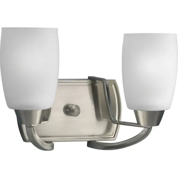 The Wisten two-light vanity fixture combines brushed nickel hardware with etched glass shades for even, flattering bathroom illumination. JA8-compliant for California energy standards, ideal for modern residential and hospitality applications.