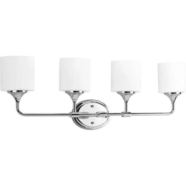 The Lynzie vanity light combines polished chrome hardware with etched opal glass shades for a clean, transitional aesthetic. Four lights provide excellent illumination for bathroom tasks while the coastal-inspired design works in various settings. - alternate view