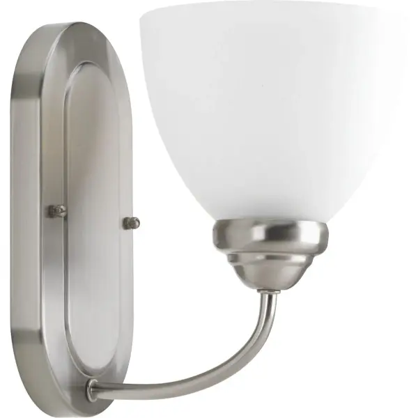 The Heart Collection vanity light combines timeless farmhouse style with practical bathroom illumination. Its etched glass shade and brushed nickel finish create a soft, diffused light perfect for daily grooming tasks. - alternate view