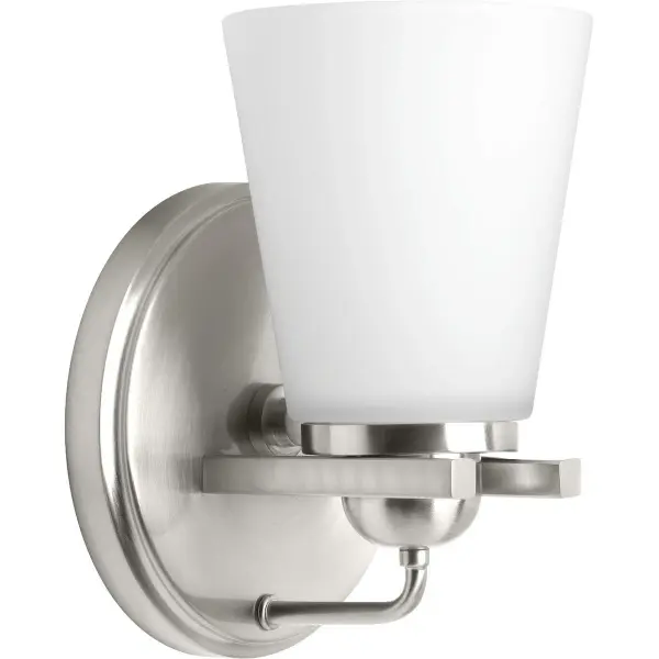 The Flight Collection brings breezy coastal elegance to bathroom lighting with its etched glass shade and brushed nickel finish. This single-light fixture offers soft, diffused illumination perfect for powder rooms and smaller vanities. - alternate view