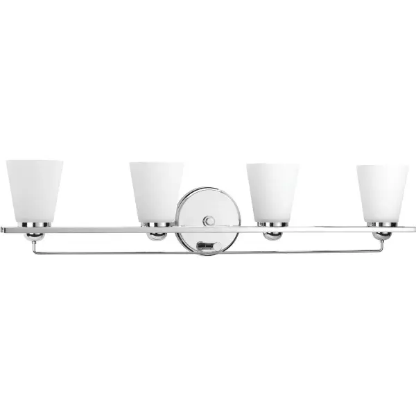 The Flight Collection vanity light combines polished chrome with etched glass shades for a sophisticated coastal aesthetic. Four lights provide excellent illumination for bathroom tasks while the clean design complements both contemporary and transitional spaces.