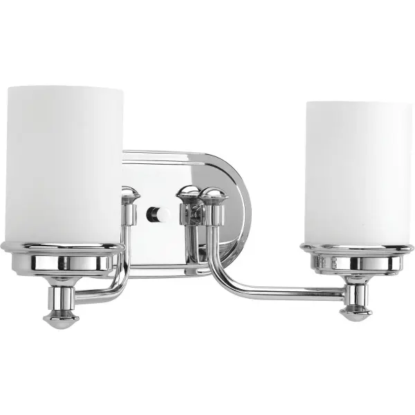 The Glide Collection vanity light combines etched opal glass with brushed nickel for a fresh, coastal aesthetic. Two-light configuration provides balanced task lighting ideal for bathroom grooming.