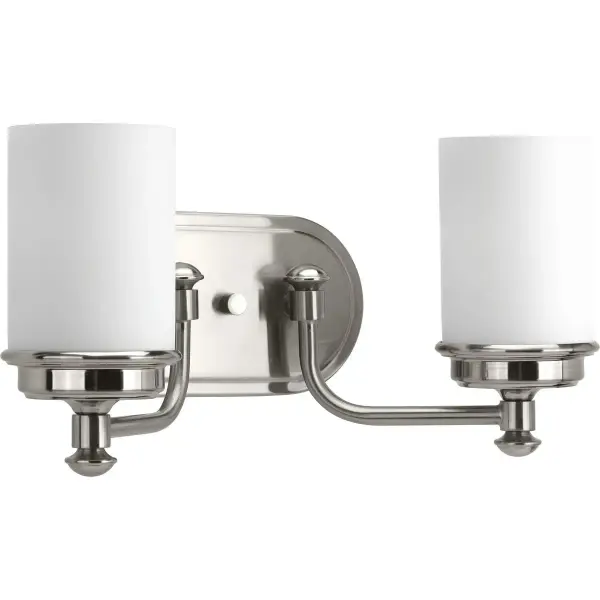 The Glide Collection vanity light combines etched opal glass with brushed nickel for a fresh, coastal aesthetic. Two-light configuration provides balanced task lighting ideal for bathroom grooming. - alternate view