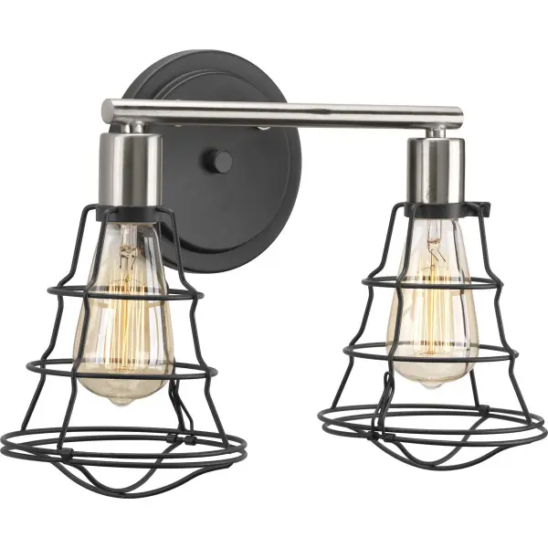 The Gauge Collection brings farmhouse charm with an industrial twist to bathroom lighting. Two lights provide balanced illumination for vanity tasks while the graphite finish adds contemporary sophistication.