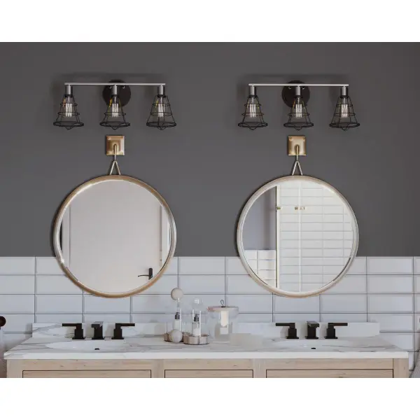 The Gauge Collection brings rustic farmhouse charm to bathroom lighting with its graphite finish and three-light configuration. JA8 compliant for California energy standards, this vanity light balances style and efficiency. - alternate view